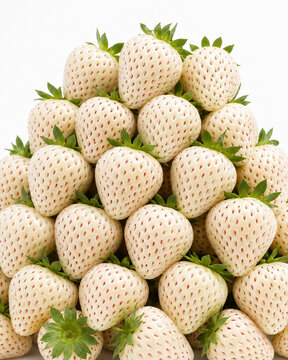 Fresh white strawberries stacked high isolated on white background, premium pineberry fruit, generative AI