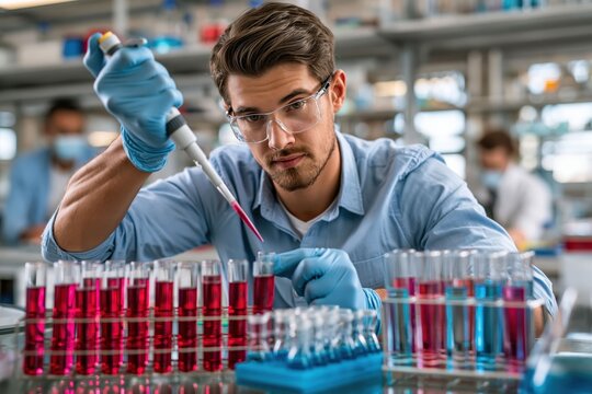 A scientist in a laboratory is focused on his work while using a pipette to transfer liquid into a test tube. Several test tubes with colorful liquids are arranged on the table