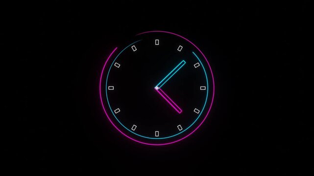 clock animation with glow neon dual color moving border lines and spinning hands loop