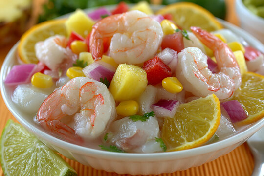Fresh shrimp ceviche bowl with pineapple chunks red onion citrus slices
