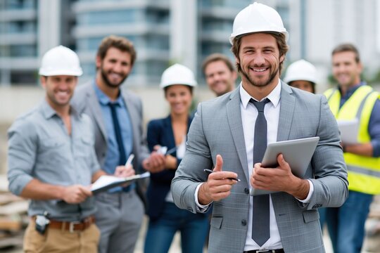 A group of construction workers stands together at a building site in a city. They are wearing hard hats and are engaged in discussions while some hold tablets and documents