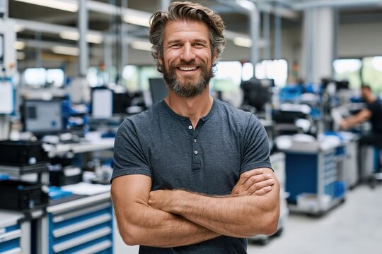 A man stands with arms crossed in a workshop filled with machines and tools. He looks happy and confident in his work environment during daylight hours