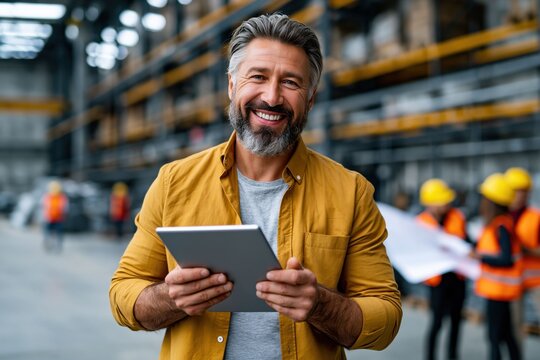 In a large warehouse, a man stands smiling and holding a tablet. Other workers in safety gear are visible in the background, engaged in various tasks