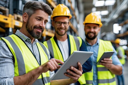 Three workers in safety vests and hard hats are inside a large warehouse. They are using tablets to check inventory. The atmosphere shows teamwork and focus on tasks during work hours