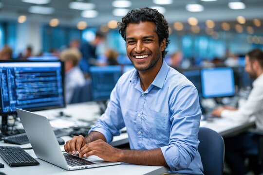 A man sits at a desk in an office filled with people around him. He is smiling and typing on a laptop. Screens display code. The environment looks active and bright