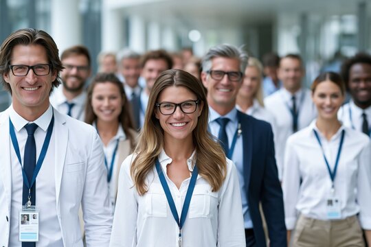 A group of men and women walk together in a modern office building. They wear formal clothes and carry badges. This scene happens during a professional event in the morning