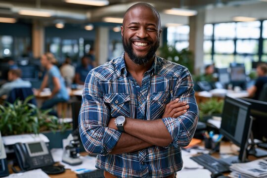 A man with a beard smiles while standing in an office. He has his arms crossed and is surrounded by coworkers at desks and plants. It is daytime inside the office space