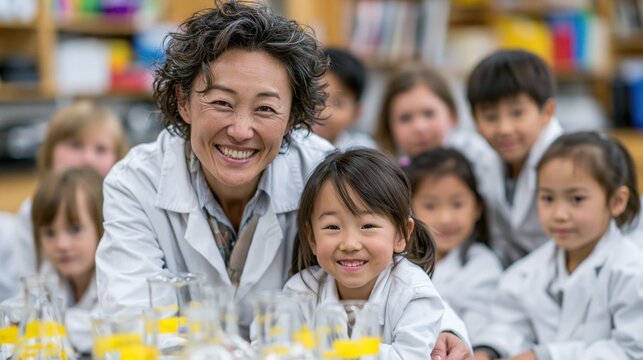 teacher sits with young girl in classroom filled with students. They all wear white lab coats. Test tubes and other lab tools are arranged on table. Everyone smiles happily together