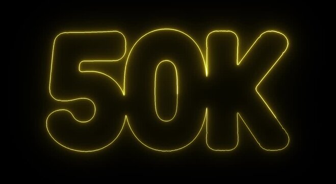 50K Subscribers Yellow Neon Glowing Text on Black Background