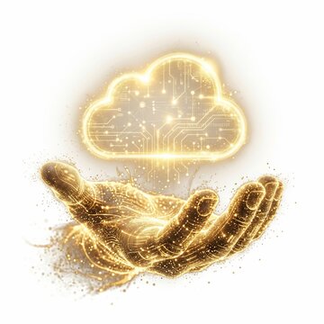 Futuristic glowing hand cradling cloud storage icon with digital circuit board design symbolizing cloud computing and data technology