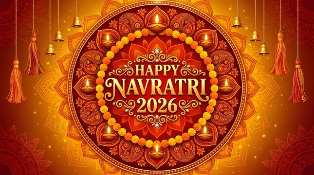 Happy navratri 2026 festive background with ornate mandala design, glowing oil lamps, and traditional indian floral patterns