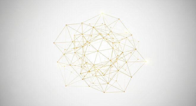 An intricate golden abstract network of interconnected lines and dots forming a complex geometric structure on a light grey background, representing data, technology, or science.