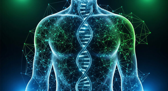 A glowing translucent human body with a central DNA helix and interconnected network patterns, representing genetics and biotechnology.