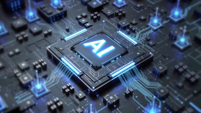 Advanced Microprocessor. AI Letters on Chip Glowing. Energy 