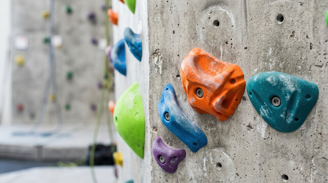 Colorful climbing holds attached to an indoor concrete climbing wall. Bouldering grips in sports gym