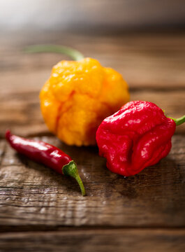 Red and Yellow Trinidad Moruga Scorpion Pepper Chili on wooden table, closeup. One of the hottest peppers in the world, heat level 1,200,000 to 2,000,000 Scoville Heat Units (SHU), vertical image 