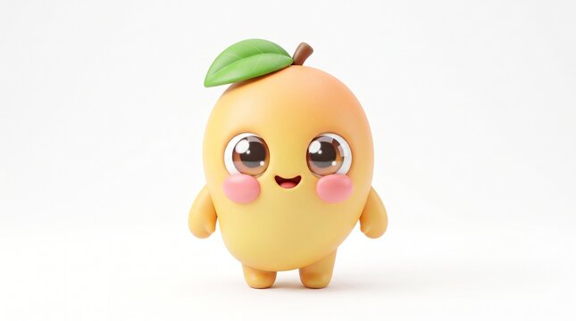 A cute anthropomorphic mango character with a green leaf on its head and big sparkling eyes standing on a plain white background