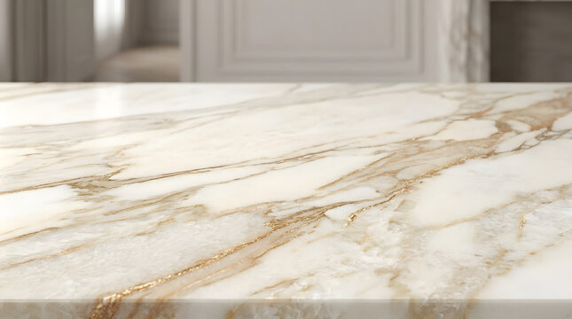 Perspective view of white marble countertop in sunlight.