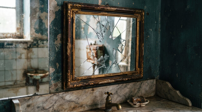 Broken cracked mirror in vintage frame in abandoned restroom. Decaying derelict bathroom with marble sink