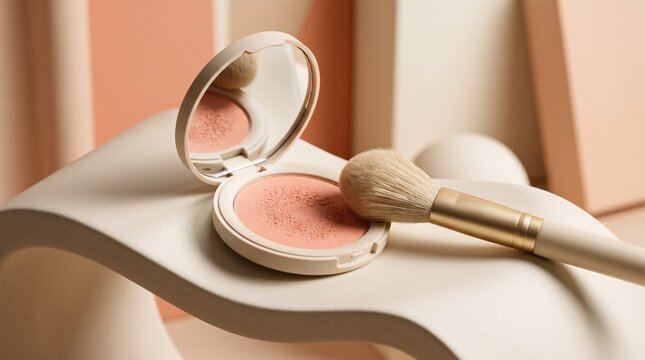 Open compact powder blush with a makeup brush on a modern abstract beige background.