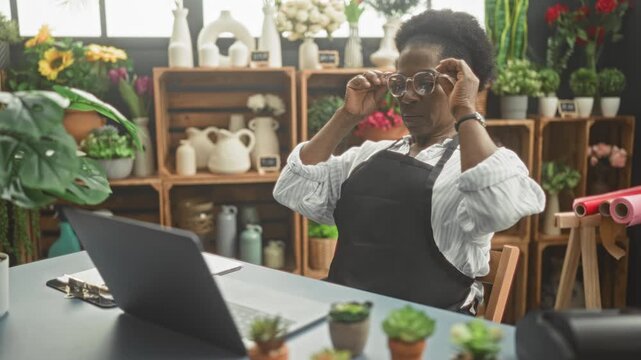 Woman florist in apron stretches back, hands raised over laptop on table amid vases and plants in studio; fatigue recovery.