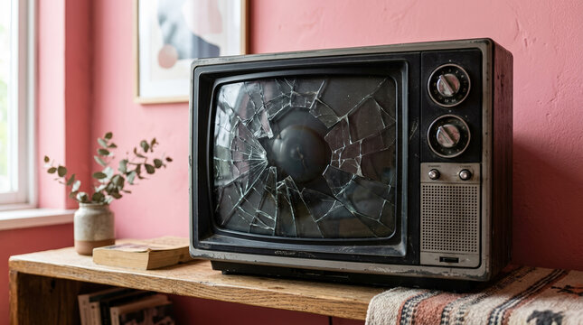 Retro CRT television set with smashed screen on wooden sideboard. Vintage broken TV in pink living room