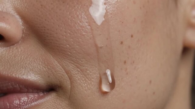 Closeup of face serum drop on cheek with soft skin texture  