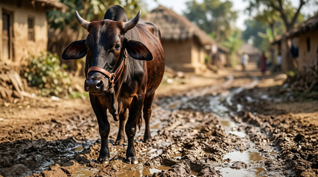 Brown cow standing on a muddy rural road in an Indian village. Domestic livestock animal outdoors in countryside