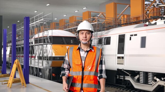 Front View of Asian Male Engineer Holding Tablet While Walking at Train Locomotives Maintenance Depot Scaffolding