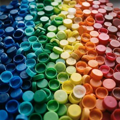 Naklejka premium Colorful Plastic Bottle Caps Arranged in Rainbow Gradient for Recycling