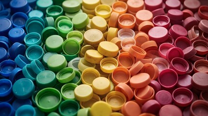 Naklejka premium Colorful Plastic Bottle Caps Arranged in a Vibrant Rainbow Gradient