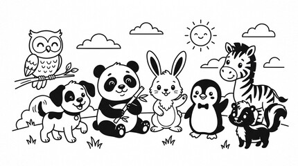 Fototapeta premium Cute Cartoon Animals Group Line Art Vector Illustration Isolated on White Background for Children
