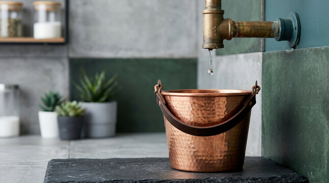 Copper bucket catching dripping water from plumbing pipe. Leaking tap over metal pail in modern room