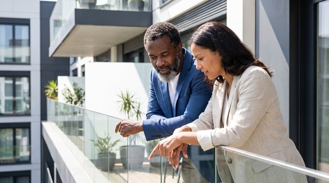 Diverse Business Professionals Discussing Project on Modern Apartment Balcony