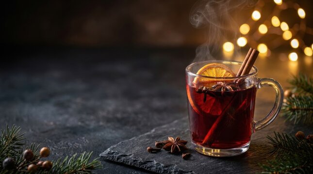 Steaming Glass of Hot Mulled Wine with Star Anise on Dark Slate with Bokeh Lights