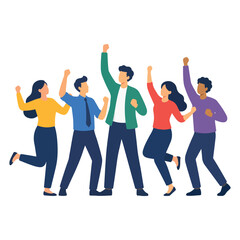 Obraz premium Happy team celebration vector illustration. Office workers jumping together with raised arms. Business success concept for corporate event. Colorful people in office clothes.