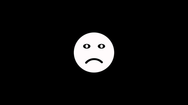 White sad faces icon animation on black background. Sad face unhappy emoticon emoji with closed and open eyes loop animation. Unhappy expression frowning face icon for negative feedback and depression