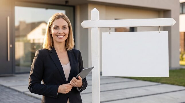 Smiling real estate agent woman in suit holding tablet standing next to blank for sale sign in front of modern house
