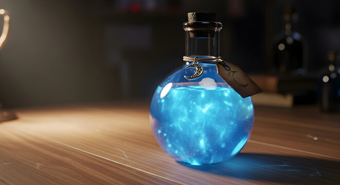 Glowing blue magic potion bottle for fantasy games and mystical storytelling applications.