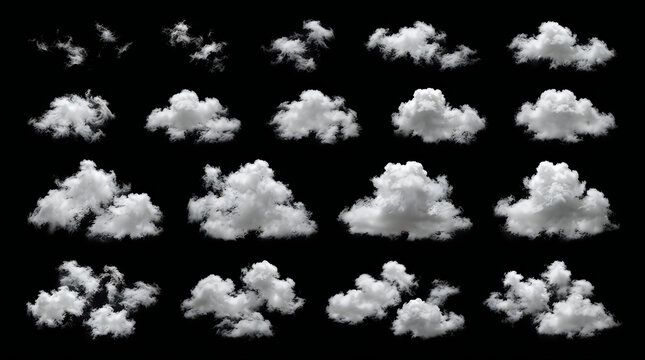 Collection of various white fluffy clouds isolated on black background