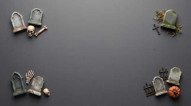 Miniature graveyard tombstones with skulls and bones arranged on dark gray surface creating spooky frame for festive halloween holiday celebration