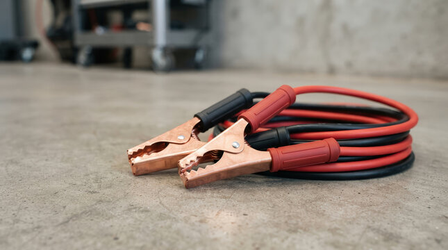 Red and black car battery jumper booster cables coiled on concrete garage floor. Emergency roadside assistance and automotive repair equipment