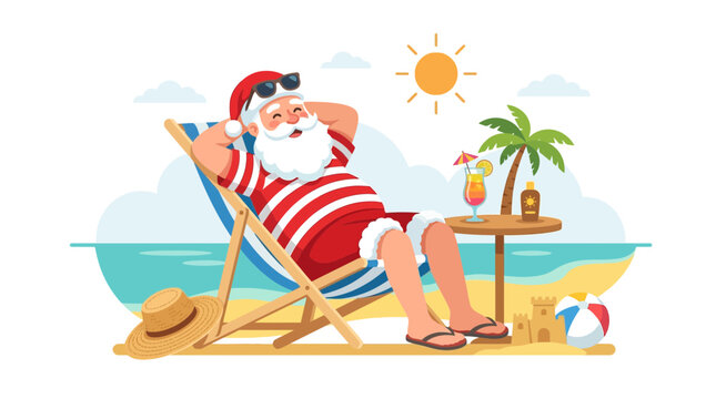 Vector illustration of Santa Claus relaxing on a beach deck chair during a summer vacation, wearing a Santa hat and striped swimsuit under a bright sun with a tropical cocktail and palm tree.