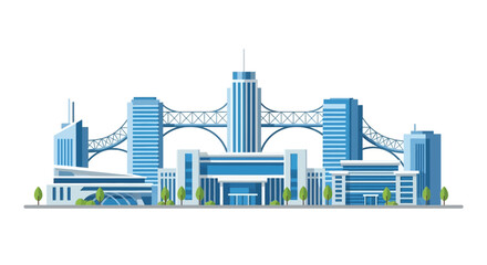 Naklejka premium Modern blue city skyline flat vector illustration with office skyscrapers and architectural bridge on white background.