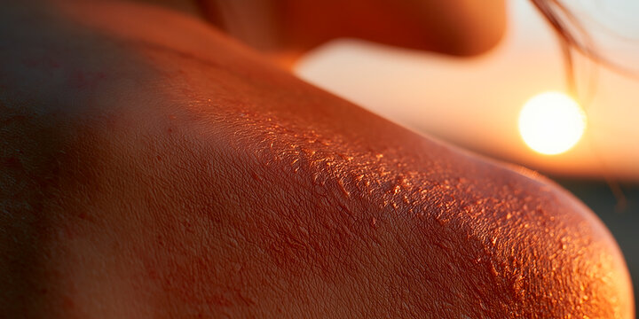 Close-up of a person's red, sunburnt shoulder with peeling skin after severe UV sun exposure.. sunset