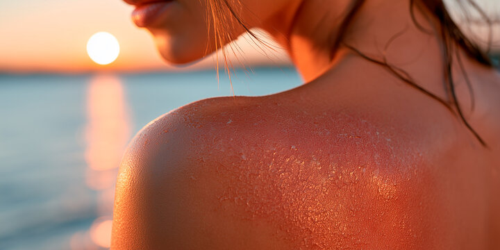 Close-up of a person's red, sunburnt shoulder with peeling skin after severe UV sun exposure.. sunset
