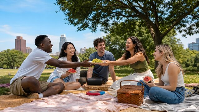 Group of friends or family enjoying a meal or picnic together magnificently showcased