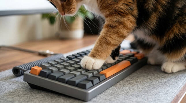 Cat paw stepping on mechanical computer keyboard keys. Calico pet interrupting work at modern desk setup