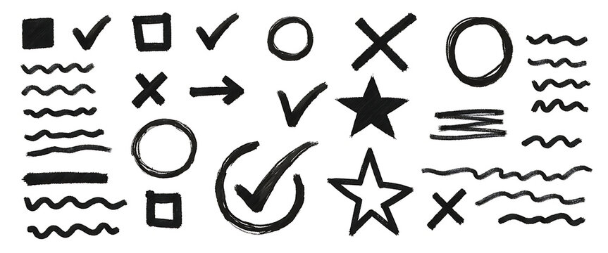 Hand drawn sketchy icons collection including check marks stars crosses and doodles for graphic design elements.