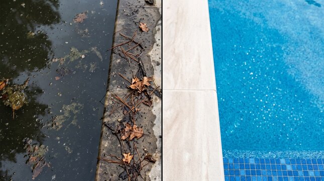 Dirty and Clean Swimming Pool Stone Edge Comparison